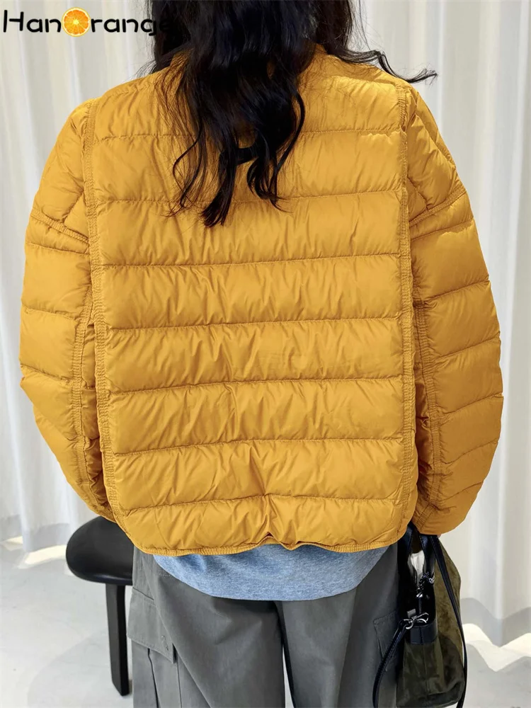 HanOrange 2026 Winter Simple Pork Ribs White Duck Down Jacket Women Short Warm Parkas Black/Off White/Yellow
