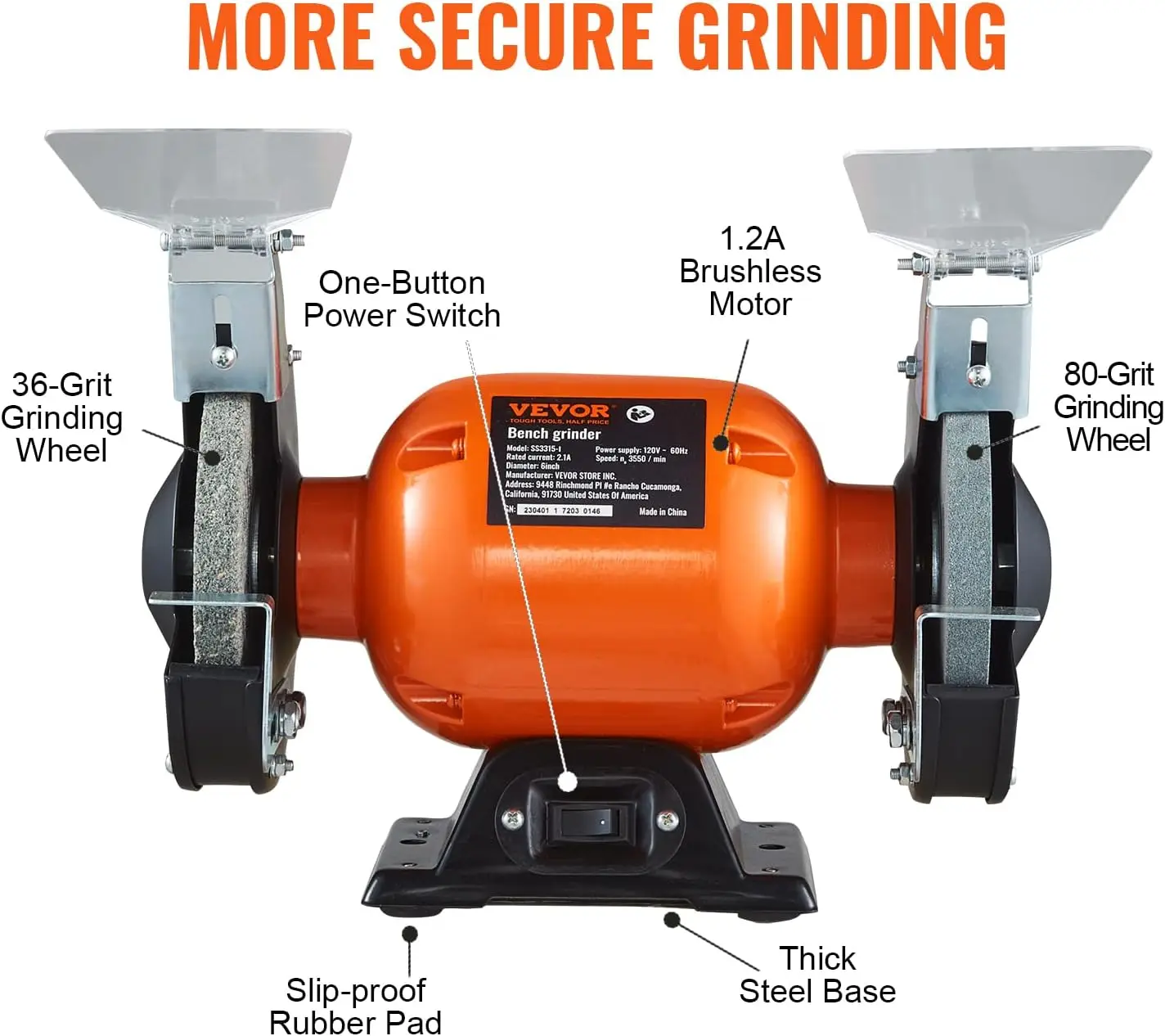 Moedor de bancada, moedor de bancada de velocidade única de 6 polegadas com motor sem escova 2.1A Moedor de mesa de 3550 RPM com rebolo de grão 36/80