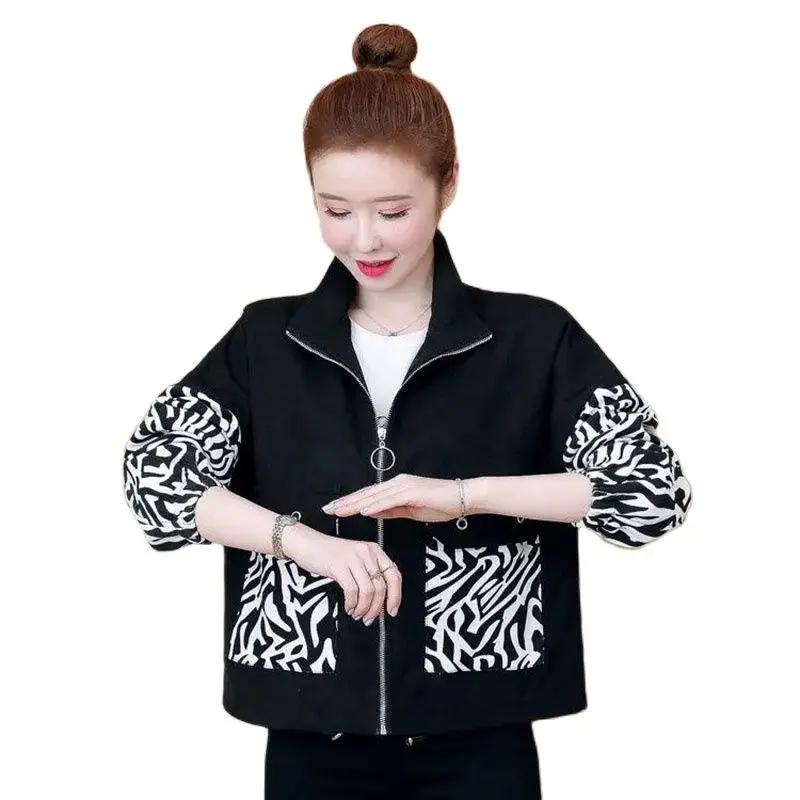 

Spring Autumn Women's Short Jacket New Korean Version Splicing Black Zipper Loose Wild Leisure Female Baseball Clothing Coat