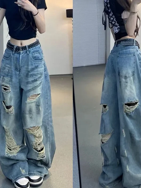 Trendy High-Waisted Wide Leg Jeans Women's Loose Fit Casual Sle Faded Effect Zipper Closure Blue Denim Pants Street Sle