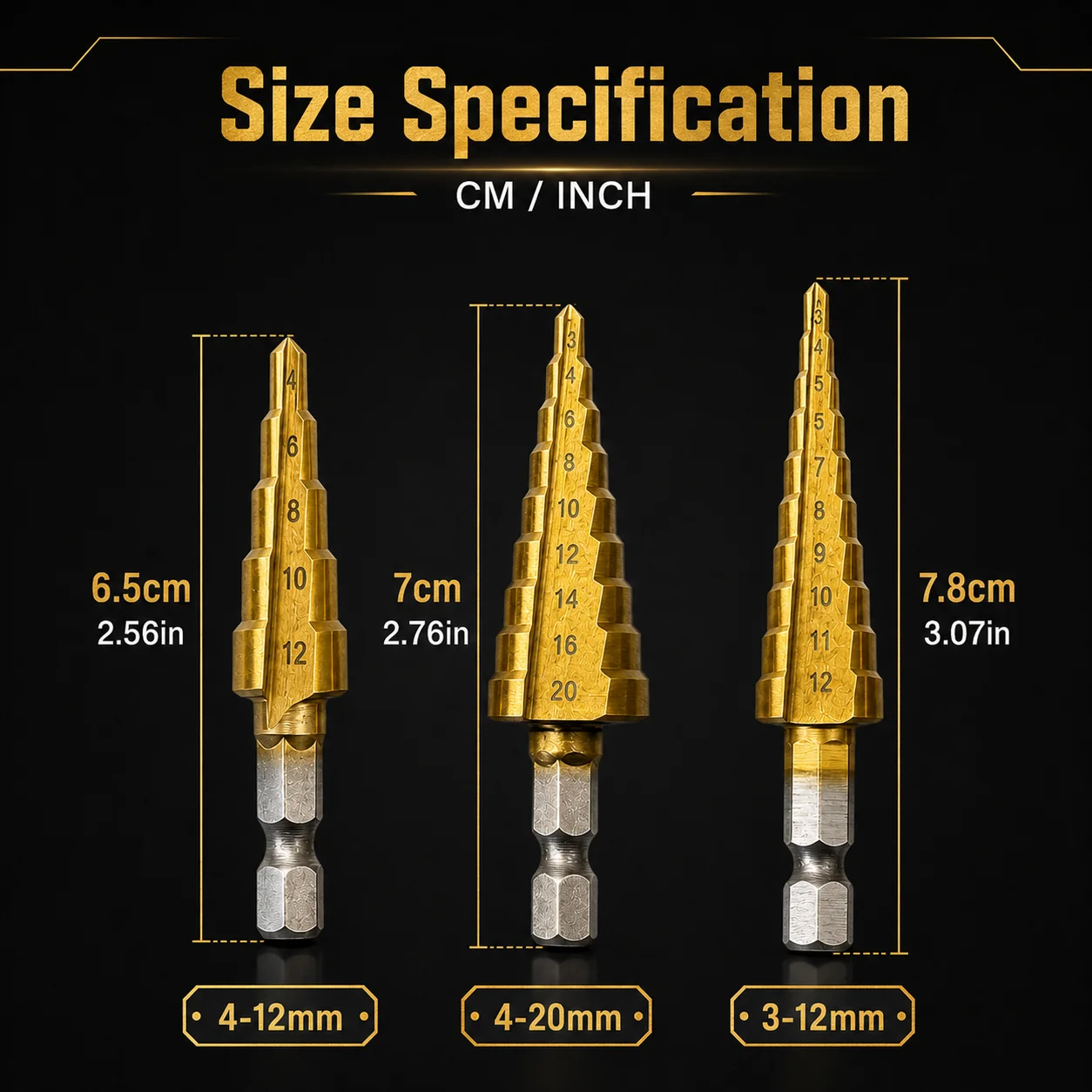 3Pcs Titanium Coated Step Drill Bit Set 3-20mm, 1/4