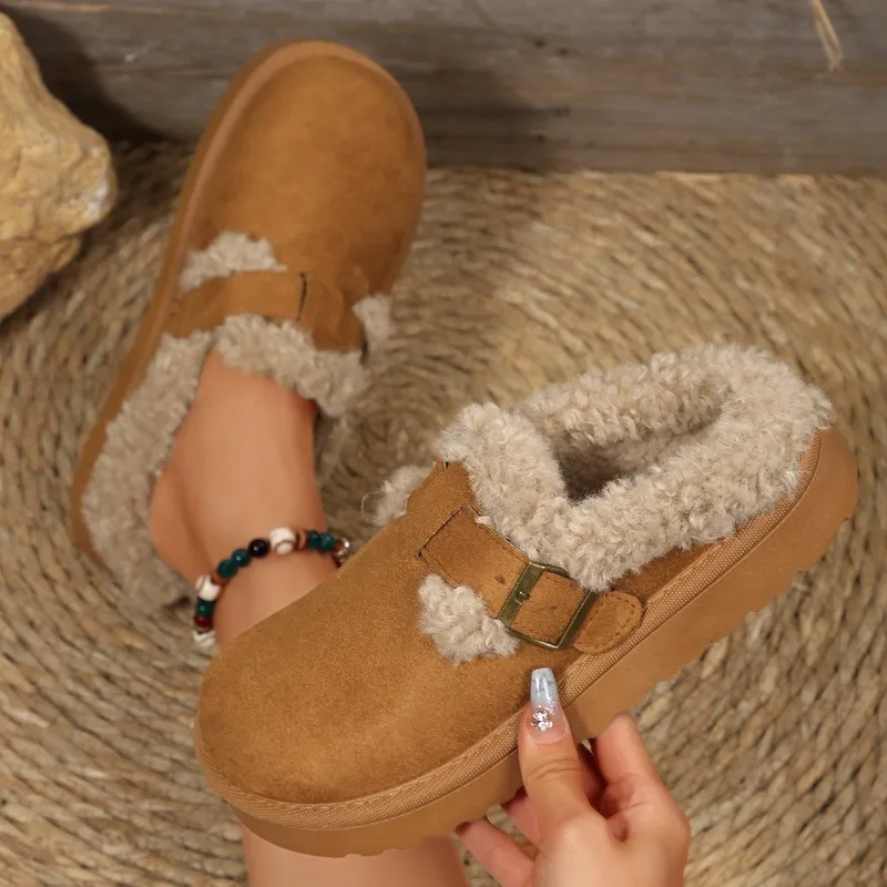 

2025 Fashion Autumn Winter Plush Cotton Slippers Buckle Warm Casual New Hot-selling Wear-resistant Cotton Half Slipper