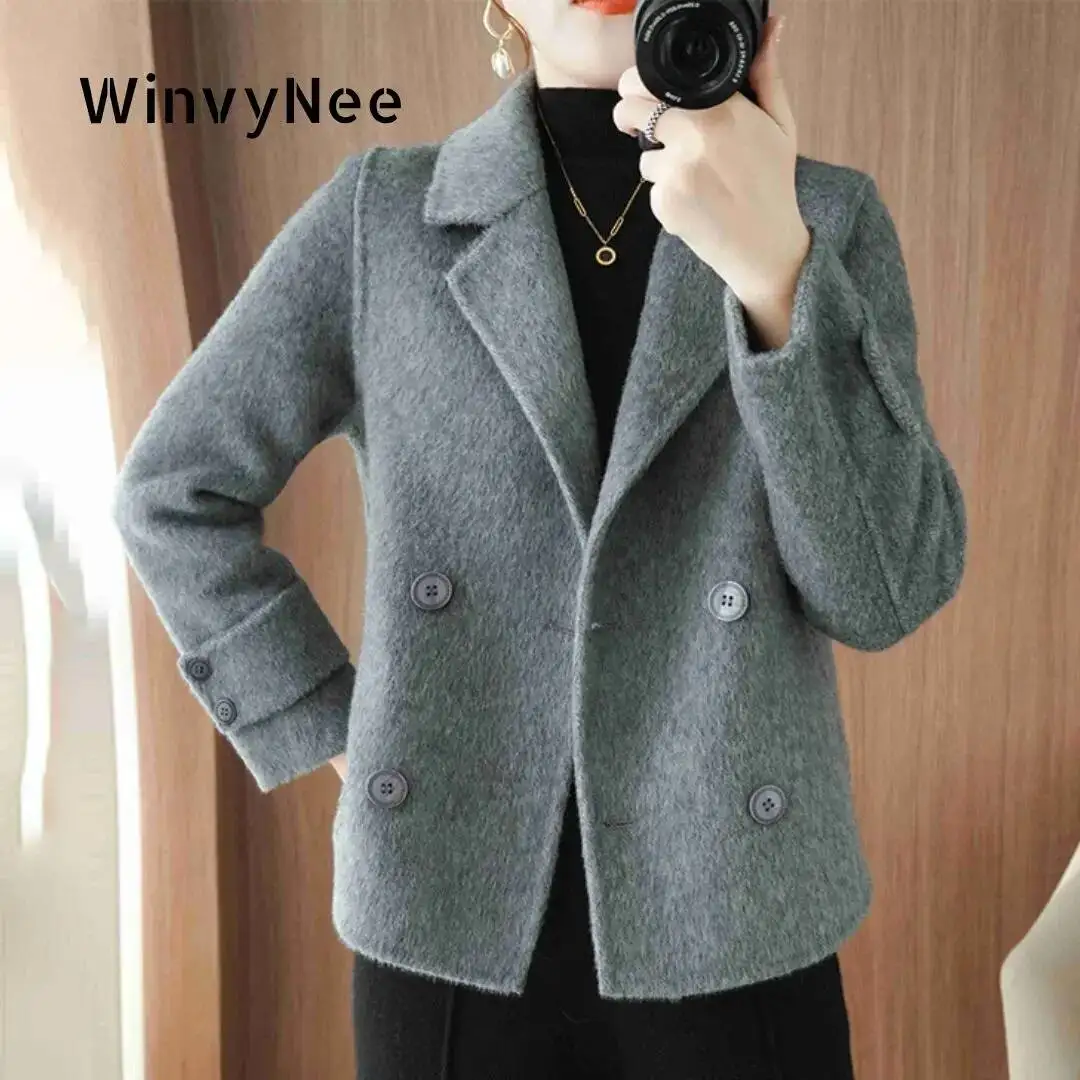 

2025 New Winter Short With Buttons Gray Wool Turn-Down Collar Woolen Coats For Women H1643014