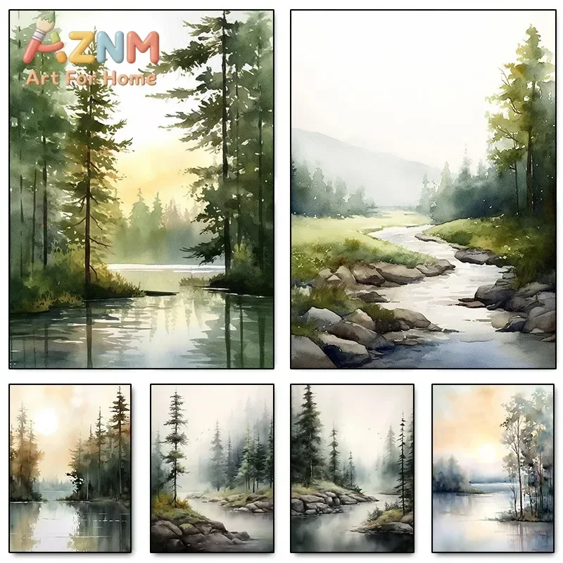 Forest Lake Watercolor Abstract Landscape Art Poster Mountain Evergreen Tree Pine Canvas Painting Living Room Log House Decor