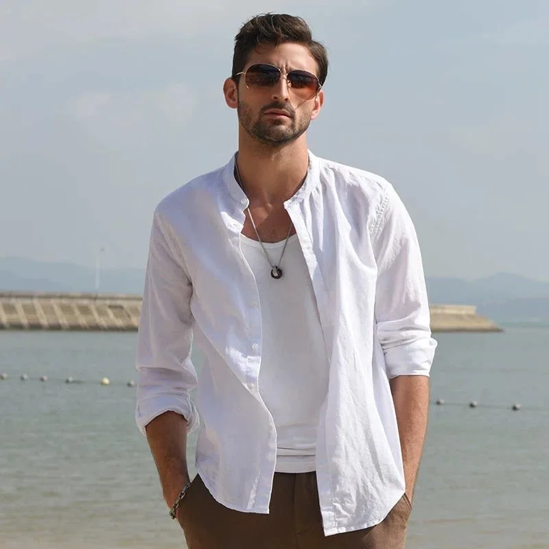 

Loose Fit Long Sleeve Linen Cotton Blend Men's Shirt Stand Collar Breathable Sun Protection Open Cardigan Workwear Shirt