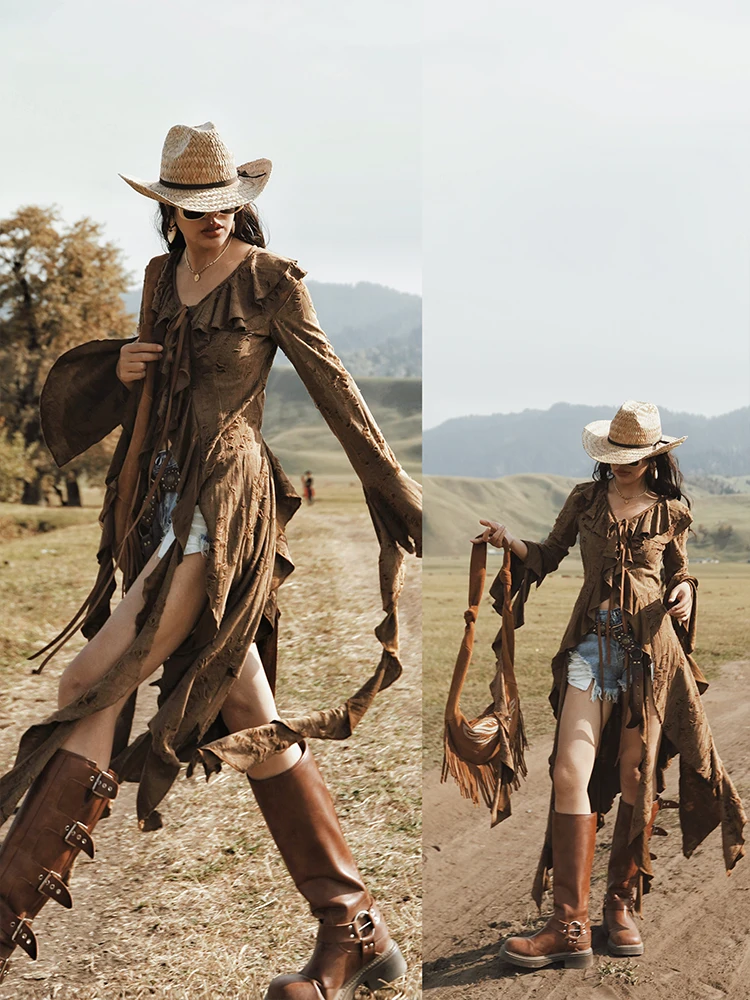 TIYIHAILEY Knitting Coat Women Bandage Outerwear Irregular Full Sleeve Hollow Out Cardigan Sweater 2025 New Brown Ladies