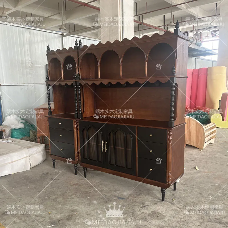 French vintage solid wood sideboard, living room, wall-to-wall display cabinet