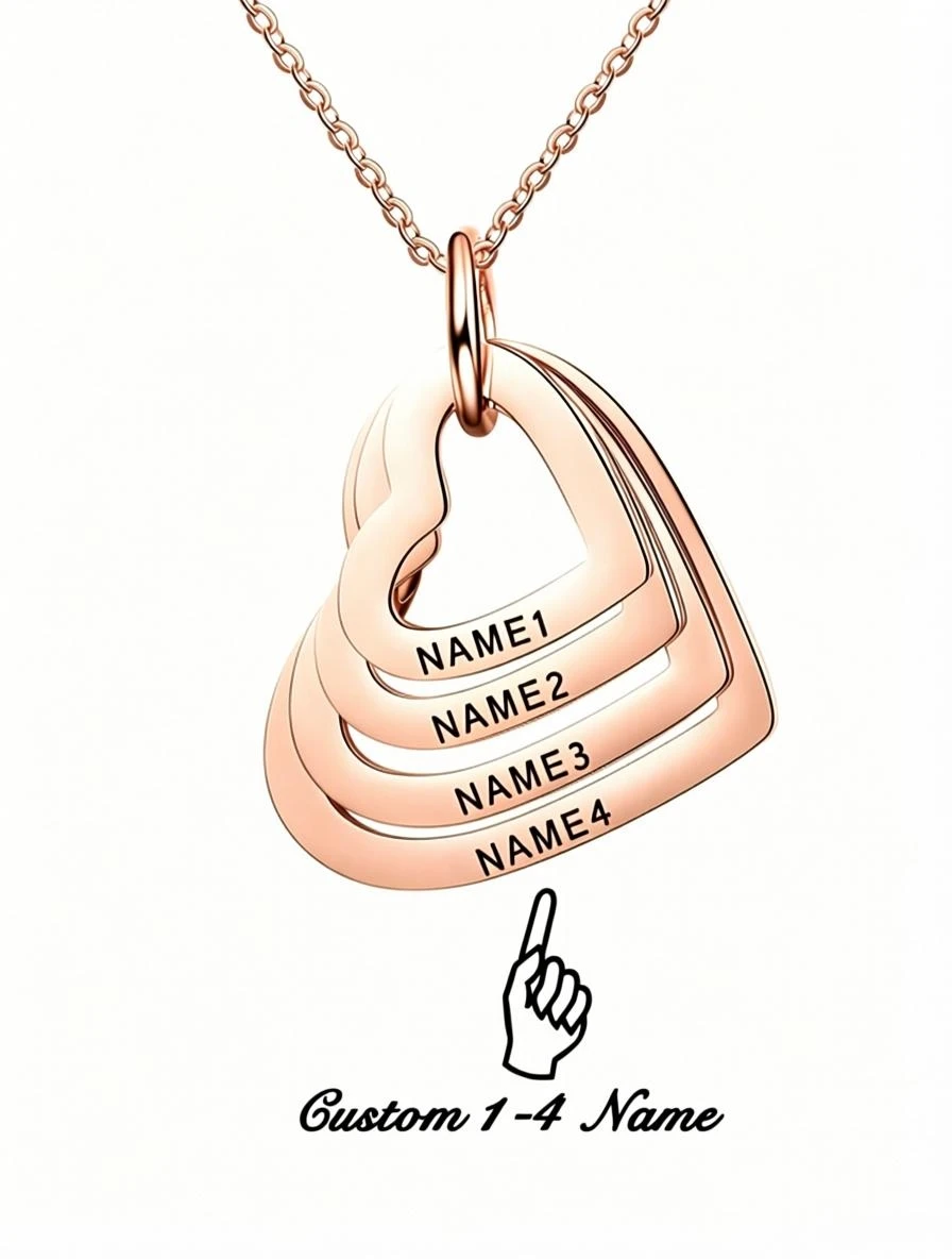 1 piece personalized gold stainless steel custom lettering multi-layer heart pendant necklace, can be engraved 1-4 names, Ladies