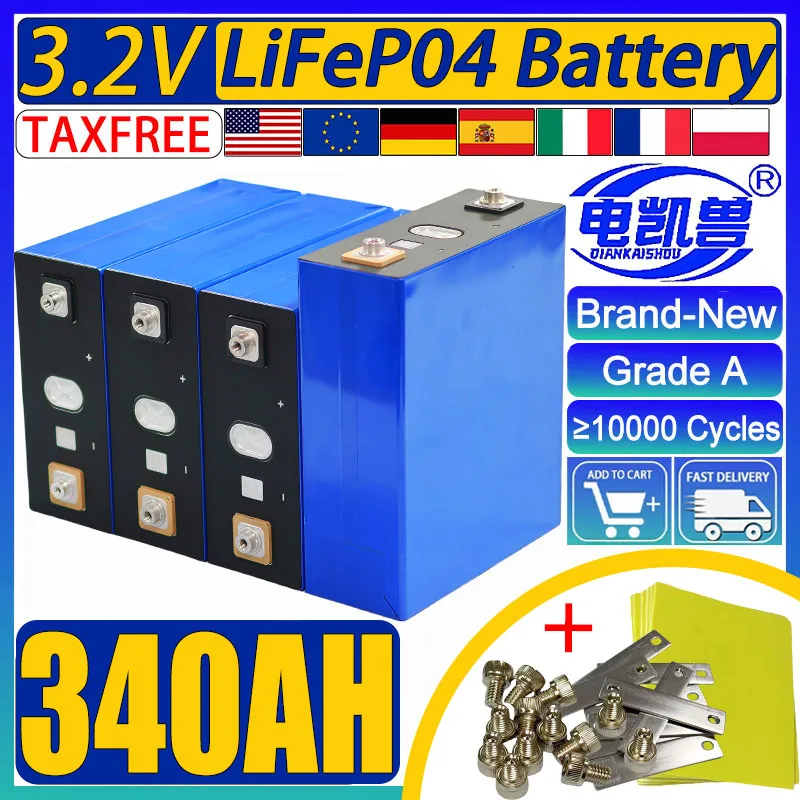 

3.2V 340Ah Lifepo4 Battery 3C Grade A 10000 cycle Lithium iron phosphate Rechargeable DIY 12V 24V 48V RV Solar Camping no tax