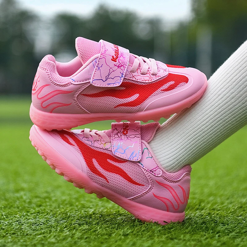 

Brand Fashion Pink Children's Football Sneakers Size 29-39 Professional Soccer Turf Shoes Kids Breathable Futsal Training Shoes