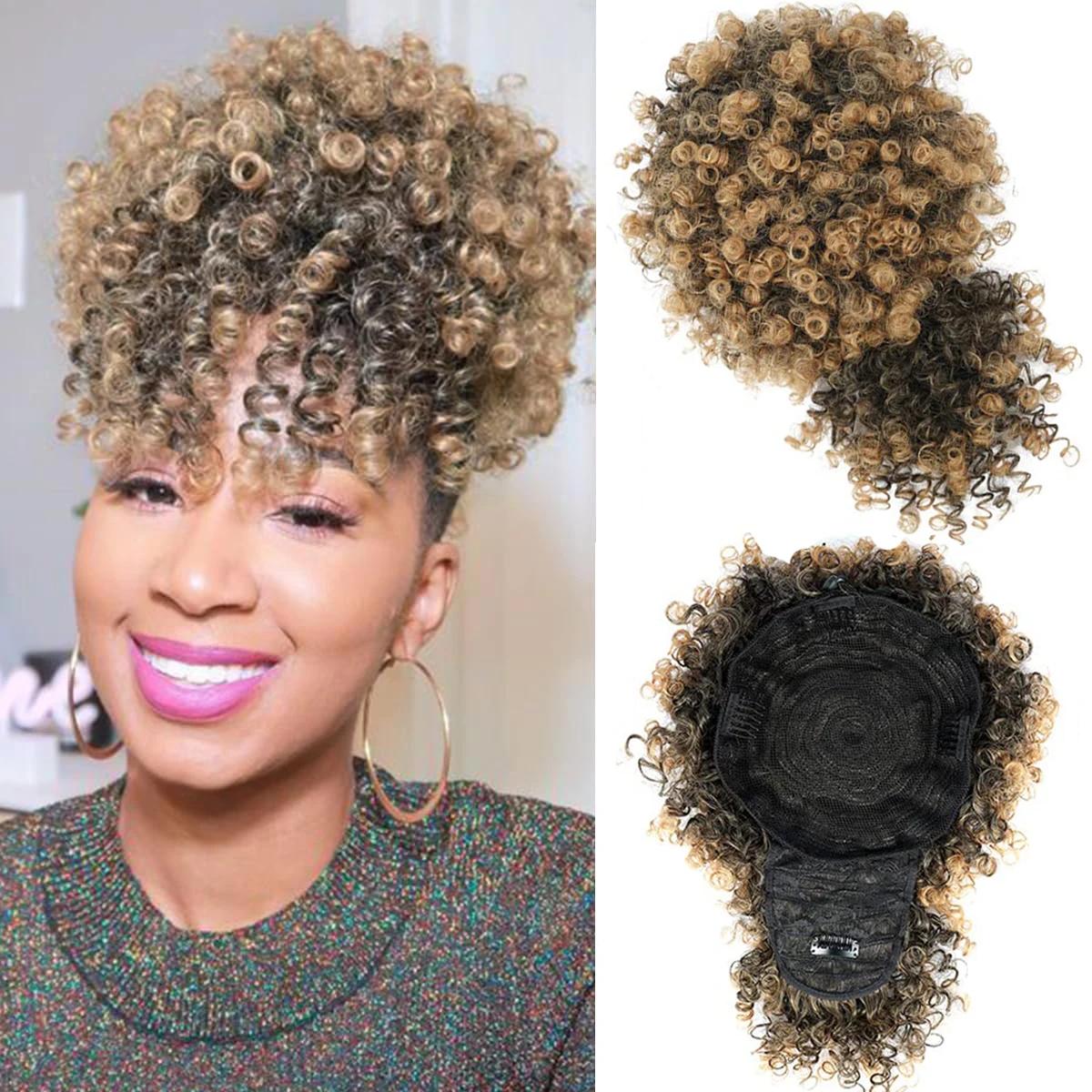 Afro Puff Kinky Curly Hair Updo Ponytail Extension with Bangs Drawstring Ponytail for Women Black, Synthetic Hair Ponytail