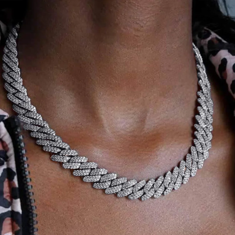 14MM Silver Color Prong Miami Cuban Link Chain Necklace For Women Hip Hop Iced Out Square Cuban Link Choker Wedding Jewelry Gift