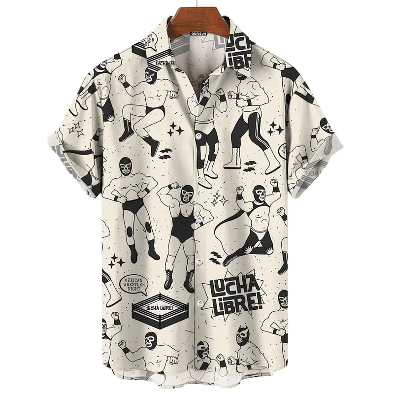 Vintage men's shirt 3D Mexican wrestling printed high-quality men's clothing loose oversized shirt fashion casual short sleeves