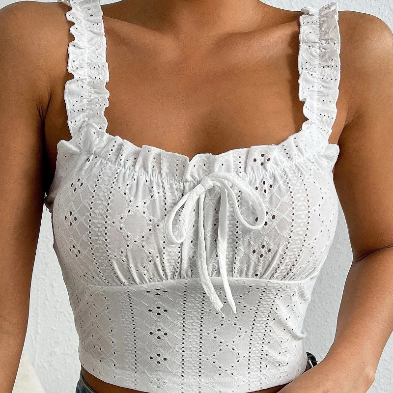 

Vintage White Ruffles Spaghetti Strap Tank Top Sexy Solid Backless Lace Up Vest Female 2026 Summer Casual Black Slim Camisole