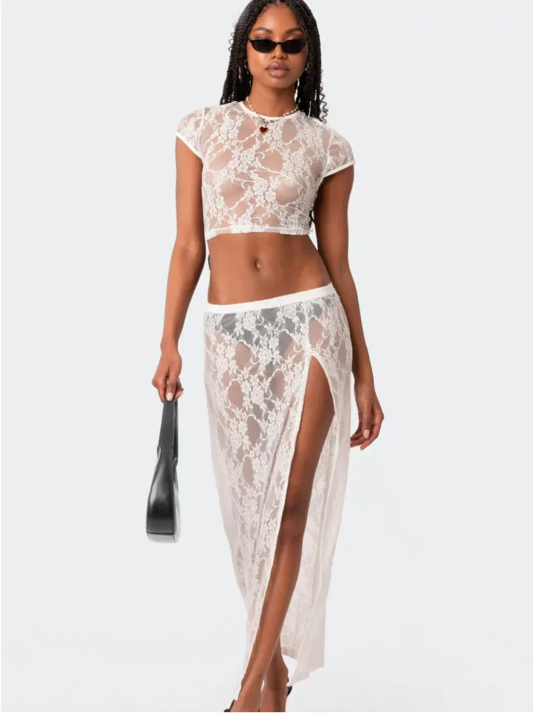 JULISSA MO 2023 Lace See Through Two Piece Set Bandage Backless Crop Top And Side Split Long Skirt Sext Women Slim Sexy Outfits