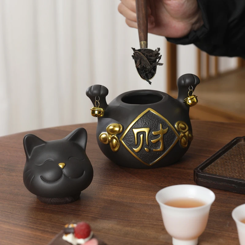 Purple Clay Tea Can Lucky Cat Abstract Sealed Jar Home Ceramic Candy Nut Coffee Bean Storage Box Table Top Lucky Cat Decoration