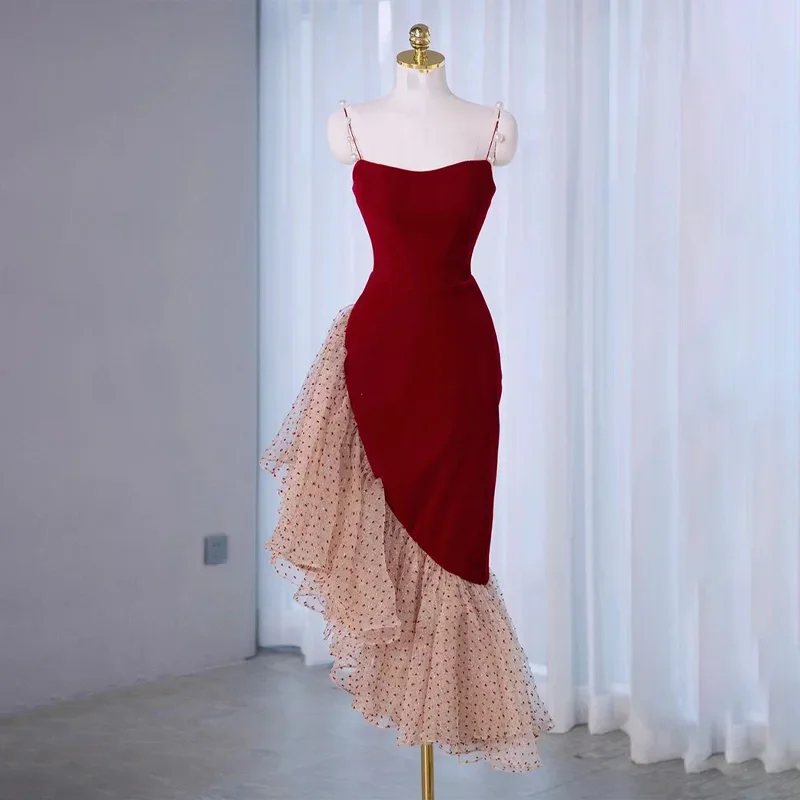 

Evening Dress Red Velour Sgaphetti Straps Beads Zipper Back Mermaid Tea-length Ruffles Plus size Women Party Formal Gown B2764