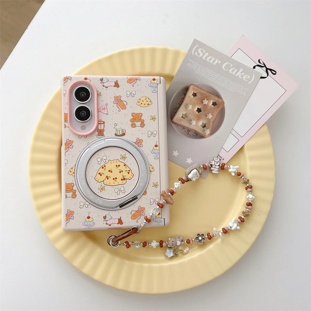 Kawaii Pastel Dessert Bear Hard Case For Samsung Galaxy Z Fold 8 Vintage Cake Puppy Print Rotating Sweater Stand Phone Cover
