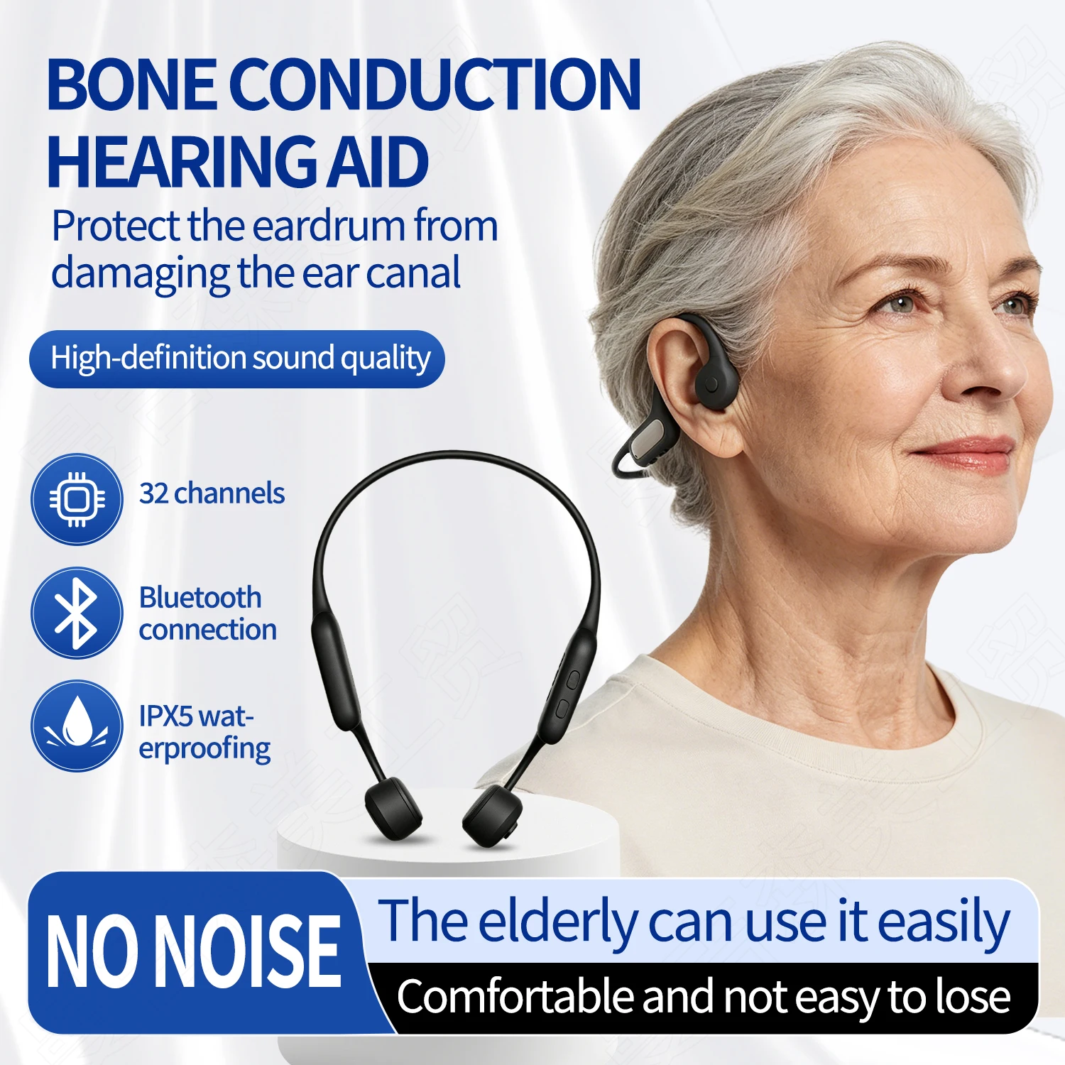 Aides auditives à conduction osseuse 32 canaux WDRC Réduction du bruit BT Double mode Rechargeable Amplificateur sonore pour seniors Perte auditive légère