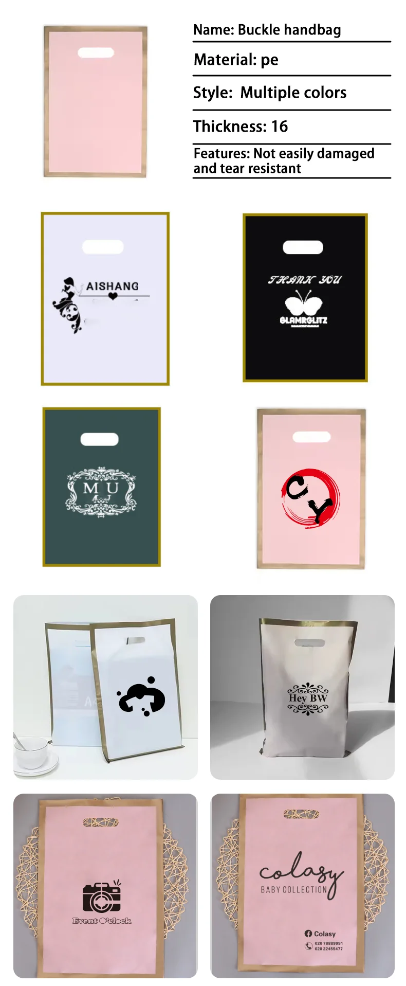 100 Stück personalisierte Plastik-Geschenktüten für kleine Unternehmen, Einzelhandel, Messen, Veranstaltungen, Partys, personalisierte Einkaufstüten mit Logodruck – Detail 3