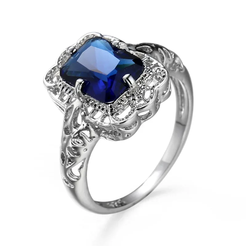 Women Princess Cut AAA Blue Sapphire Ring Original 925 Stamp Silver Charms Engagement Jewelry Rings for Women Hollowed Out