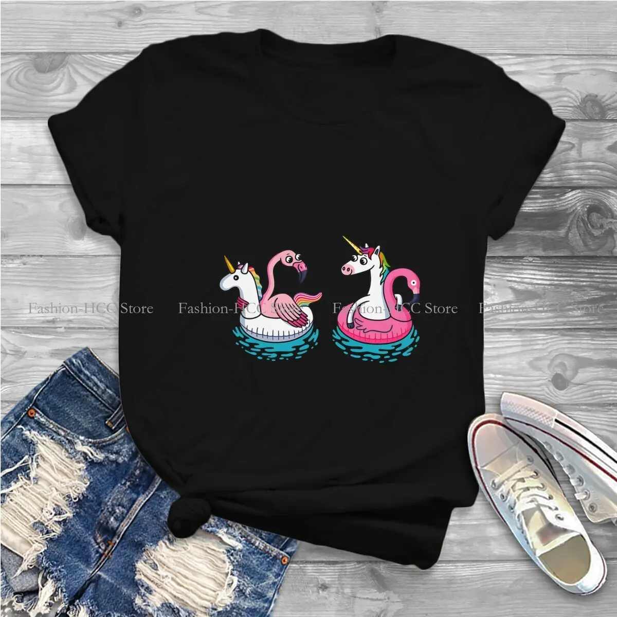 Floating Round Collar TShirt Cute Unicorn Cartoon Basic Polyester T Shirt Women Clothes Individuality