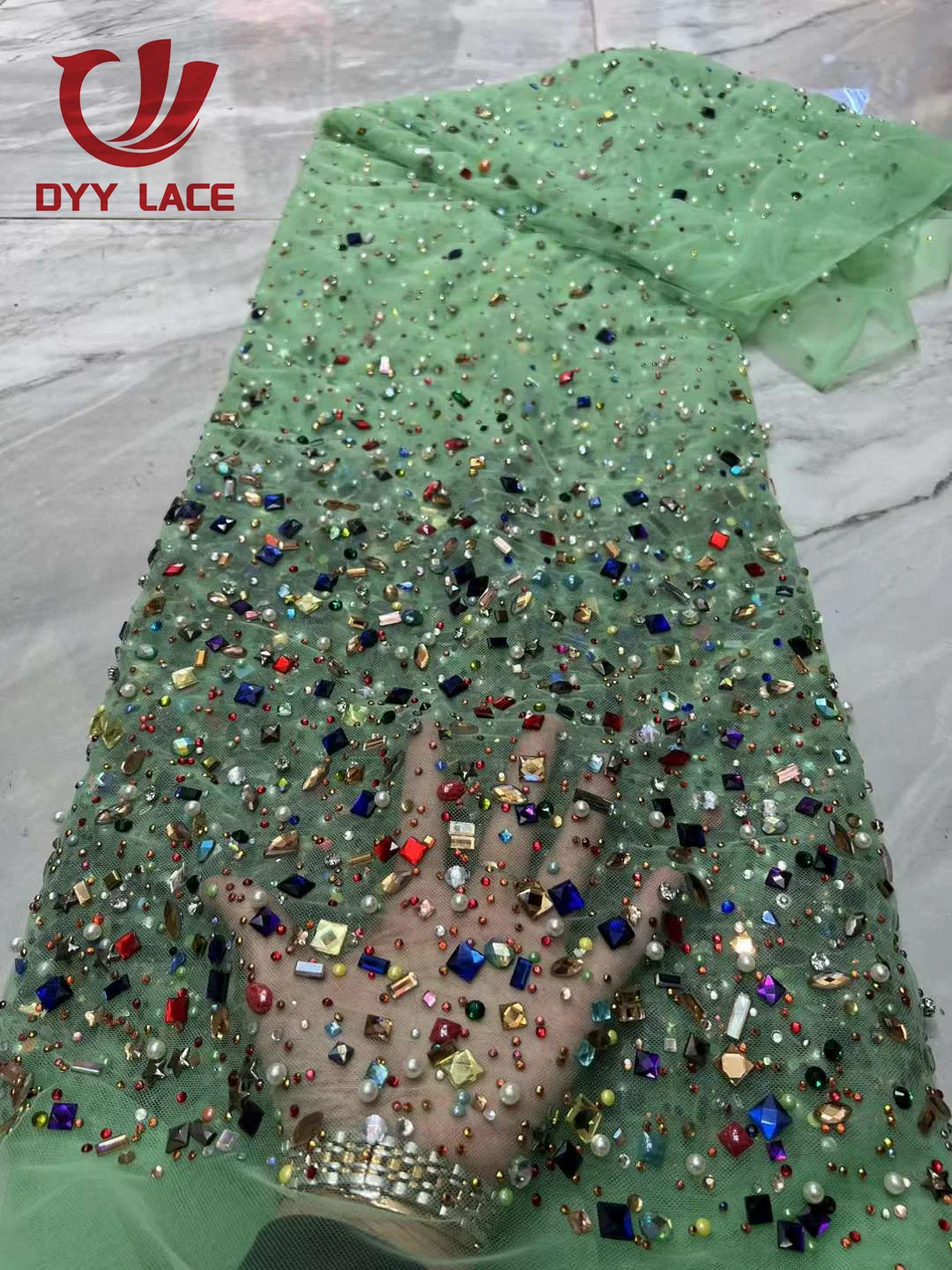 New Design Heavy Stones Nigerian Lace Fabrics African Tulle Net Lace Luxury Crystal Stones Beads Fabrics For Wedding 5 Yards