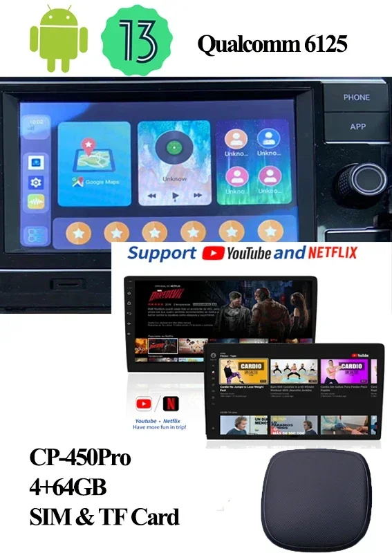 IHeylinkit Carplay Box Android 13 With 8-core SIM & TF Card Slots Much Faster.