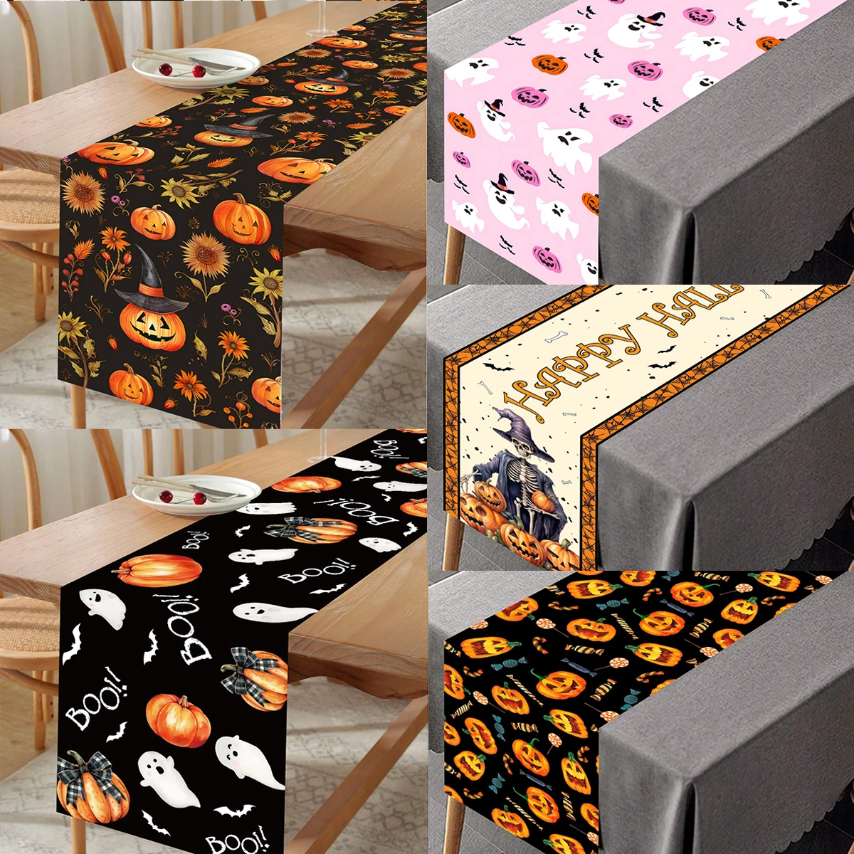 Halloween Table Runner Pumpkin Ghost Cat Tablecloth Halloween Party Decoration for Home Scary Horror House Dining Table Flag