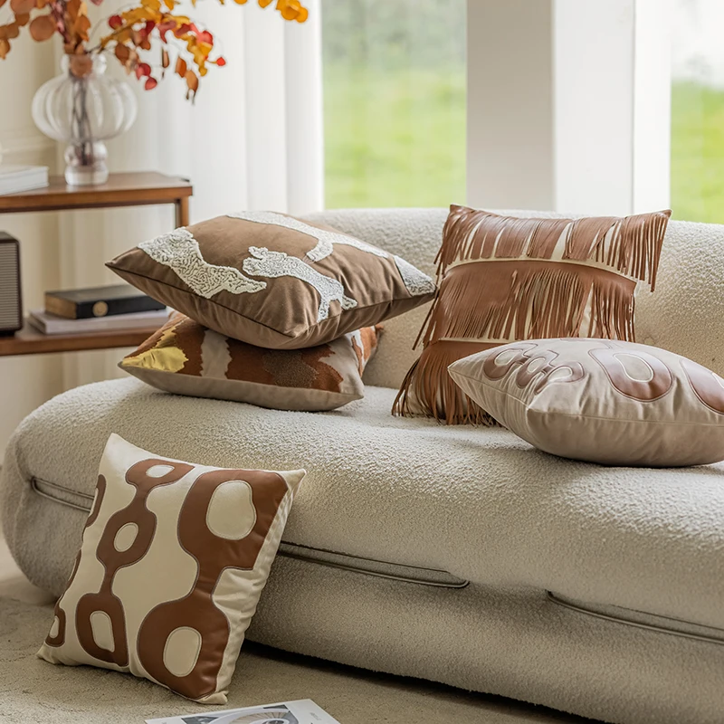 Retro style khaki brown cushion cover fringes tassel pillowcase indoor sofa decorative Coffee color throw pillow cover