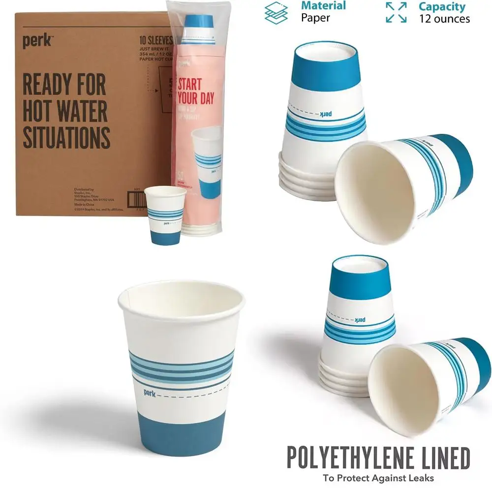 

Reusable Paper Coffee Cups, 12 Oz, 500 Count, Portable Hot Beverage Cups, Ideal for Tea and Cocoa