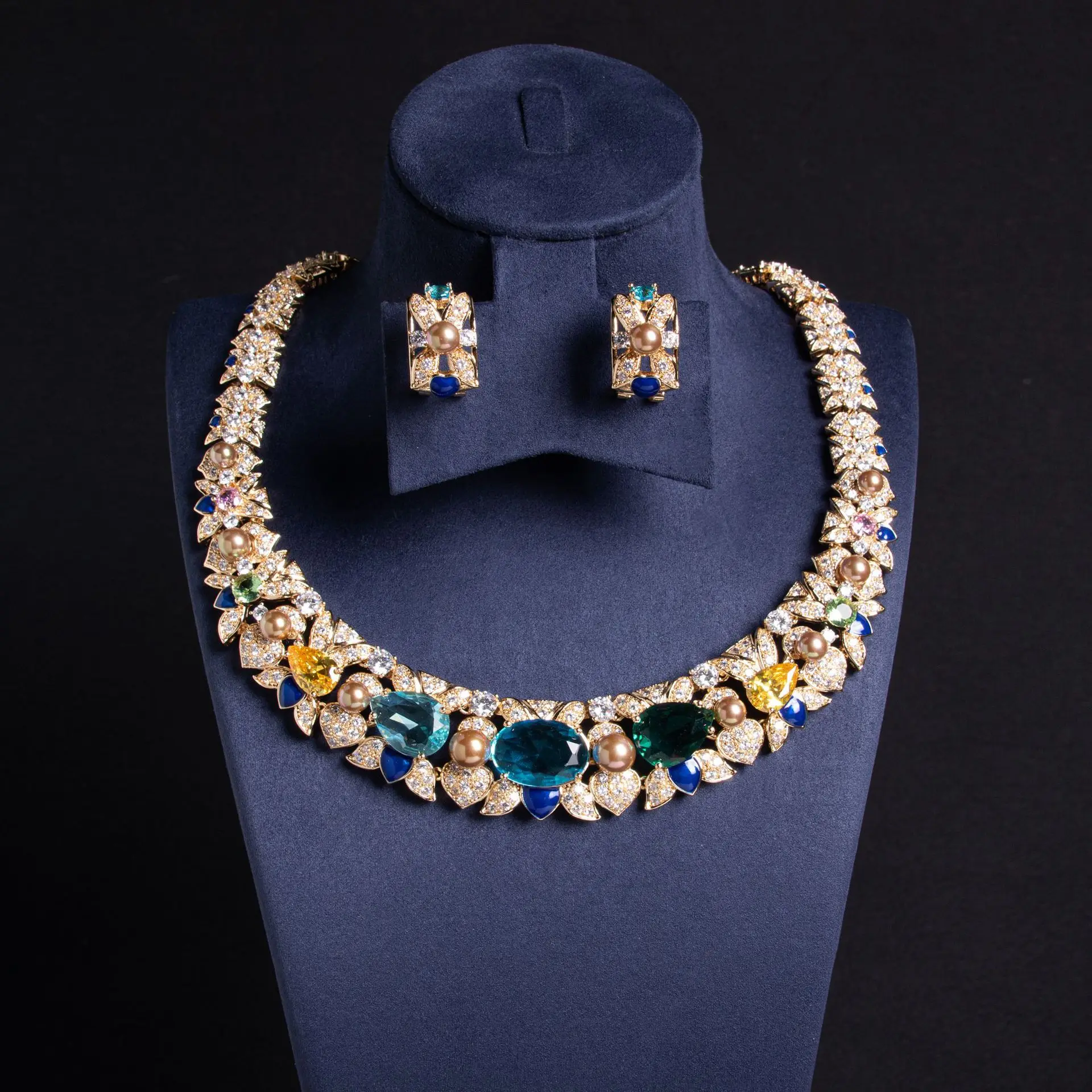 

Hip Hop Colourful Zirconia Pearls Necklace Earrings Jewellery Set Women Bridal Wedding Party With Dress Accessories M-279