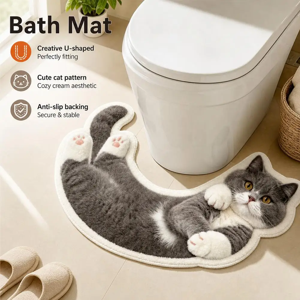 Cartoon Cat Pattern Floor Mat Creative and Fun U-Shaped Non-Slip Bathroom Mat Cute Cream-Style Floor Mat