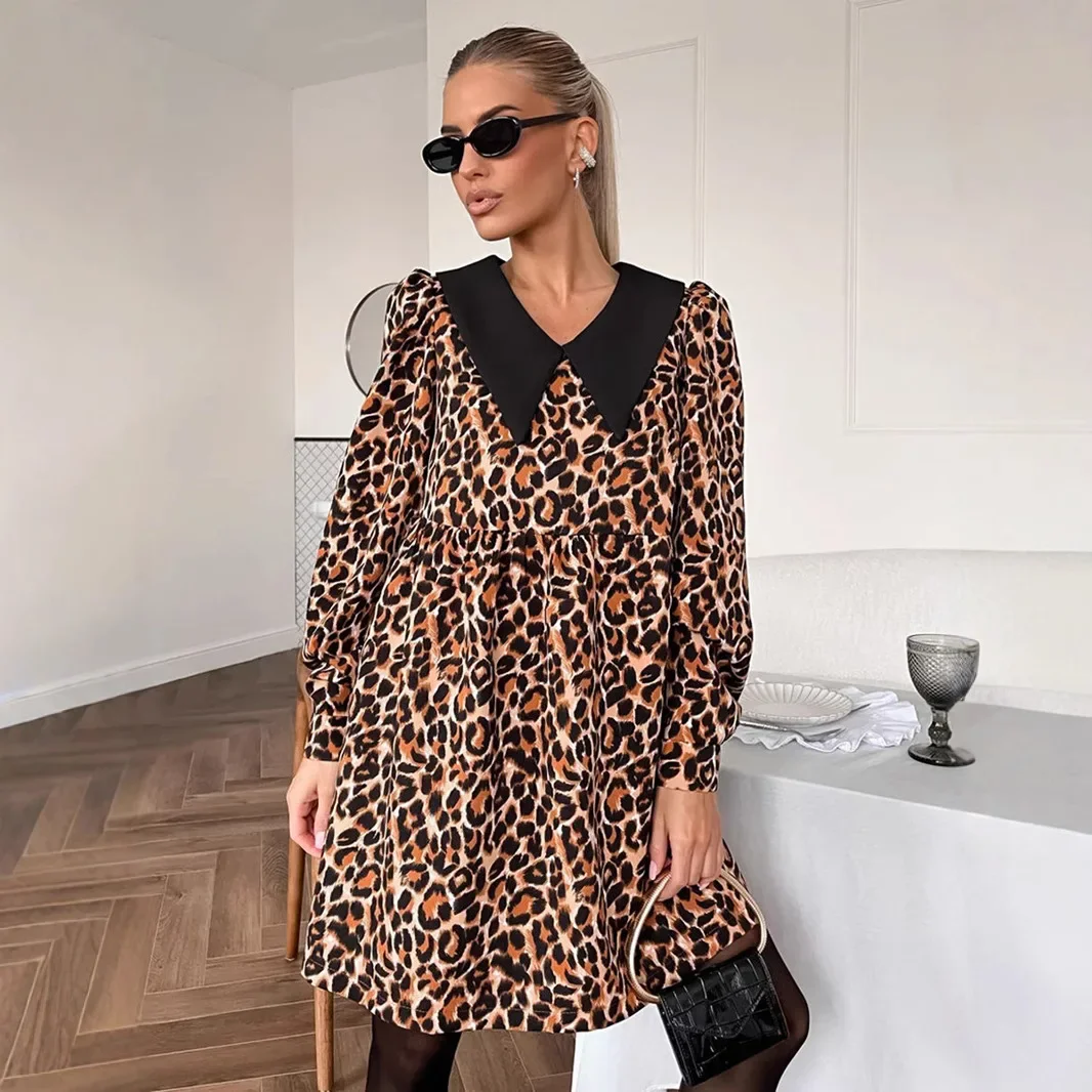 

Spring/Autumn New Leopard Print Dress Women's Fashionable Lapel Shirt Sleeve Waist A-Line Skirt 2025 Casual Commuting Clothing