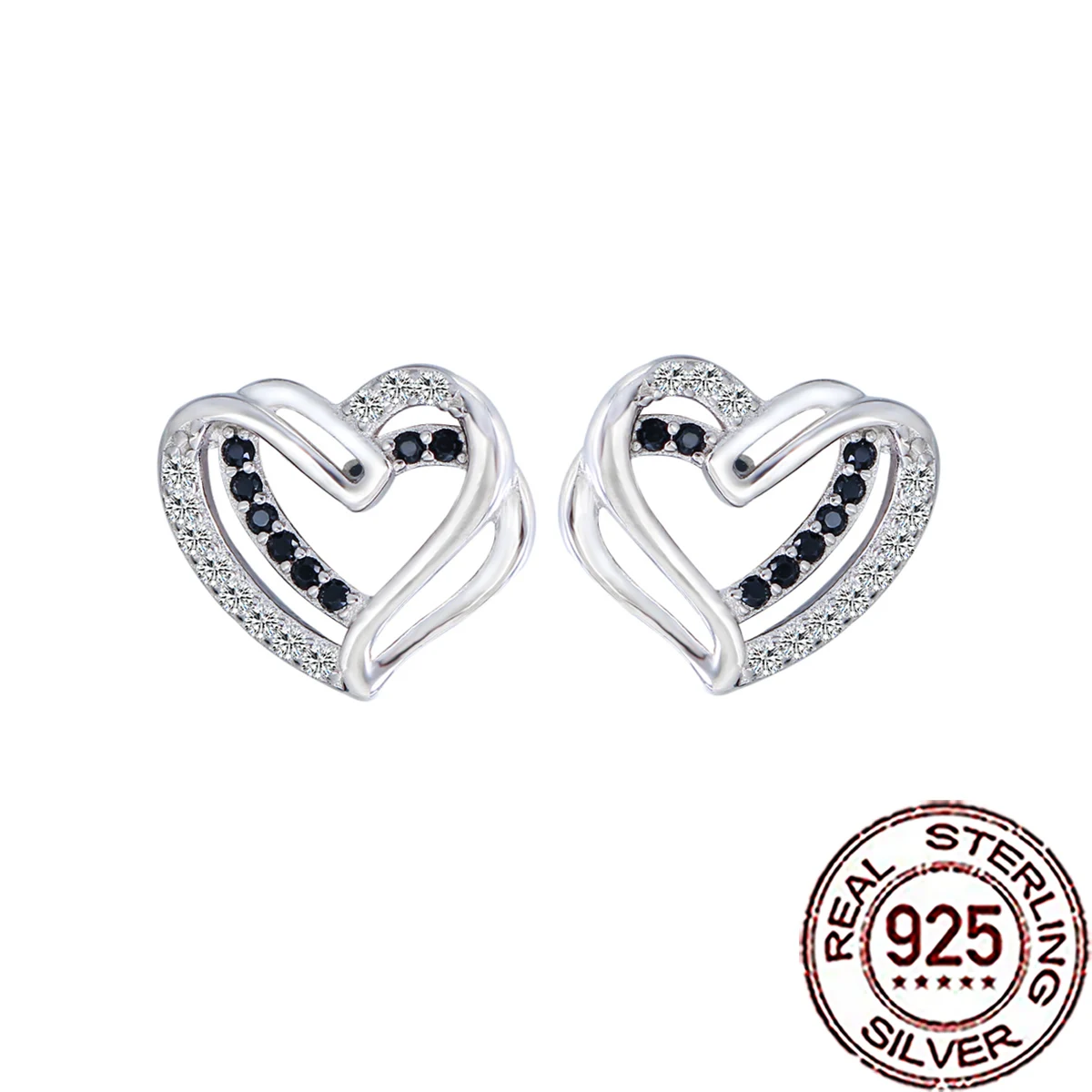 

CWWZircons 925 Sterling Silver Fashion Black White Cubic Zircon Heart Shape Stud Earrings for Women Wedding Decor Jewelry SE147