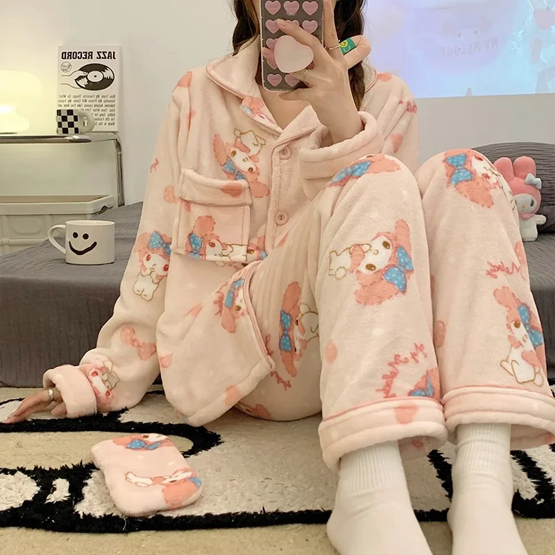 Cartoon Kuromi Women\'s Flannel Pajamas Velvet Thicken Autumn Winter Cute My Melody Cinnamoroll Korean Casual Home Clothes Warmth