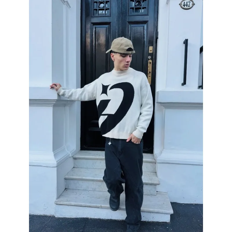 

Design sense embroidered letter high street casual trend color blocking Fried Dough Twists V-neck knitting pullover sweater