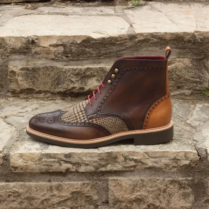 New Brown Men Short Boots Lace-up SquareToe Ankle Strap Gingham Handmade Ankle Boots Cowboy Boots Botas De Hombre
