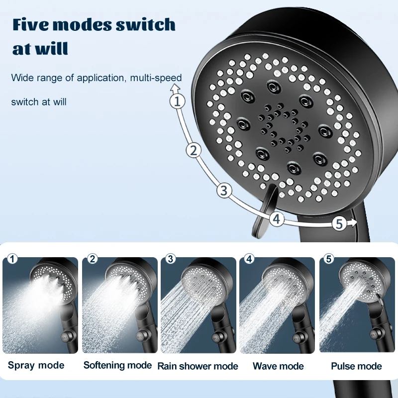 Zhangji 5 Modes Ajustable High-pressure Shower Head One-key Stop Water Water-saving Hand-held Shower Head Bathroom Accessories