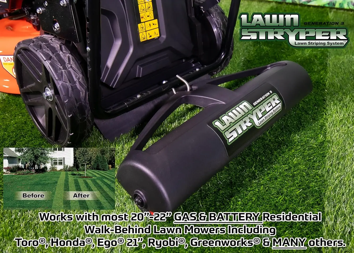 Lawn Striping System  Works with Most 20”-22” Gas & Battery Residential Walk-Behind Mowers (Mounting Brackets