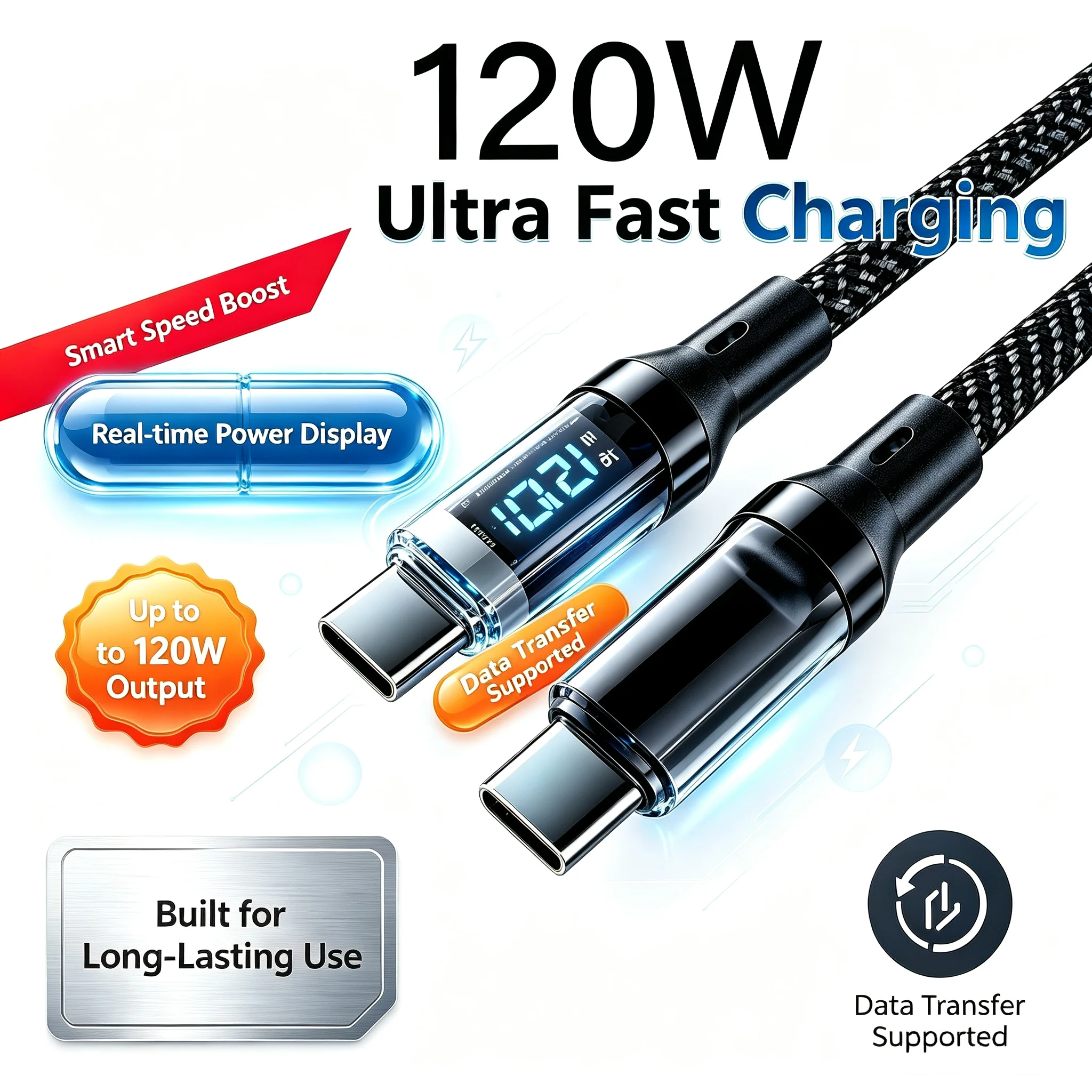 100W USB C 120W USB A Charging Cables with LED Display Screen, USB C=C-C，USB A=A-C, Not For Xiaomi For iPhone For Samsung