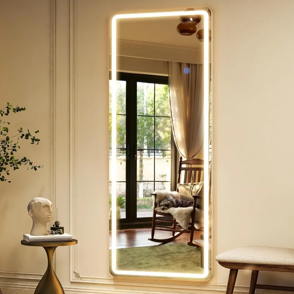 Miroir pleine longueur LED 64" x 21" avec lumières, mural ou sur pied pour chambre à coucher, salon, salle de bain