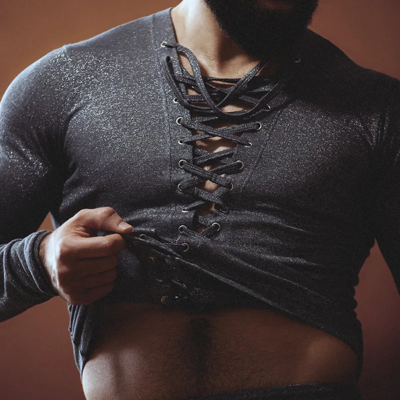 Autumn And Winter New Solid Color Long-sleeved V-neck Slim-fitting Sexy Tether Strap-on Men's Clothing