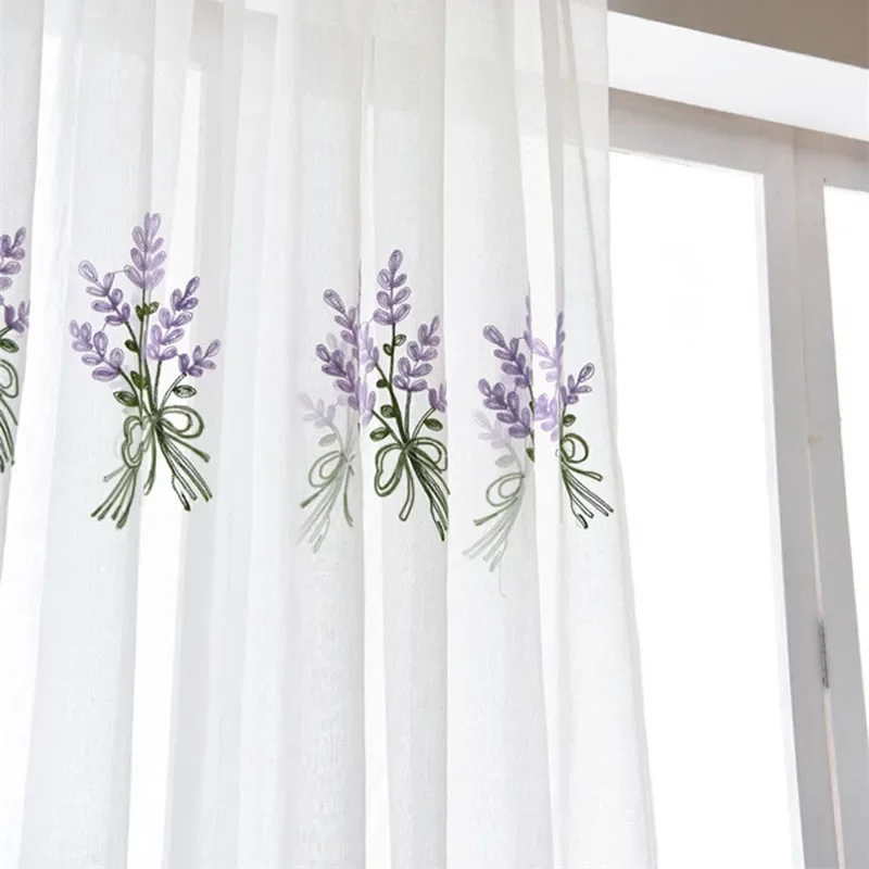 French Pastoral Curtains Purple Lavender Embroidery Tulle For Living Room Bedroom Pink Flower Curtain For Kitchen Home Decor