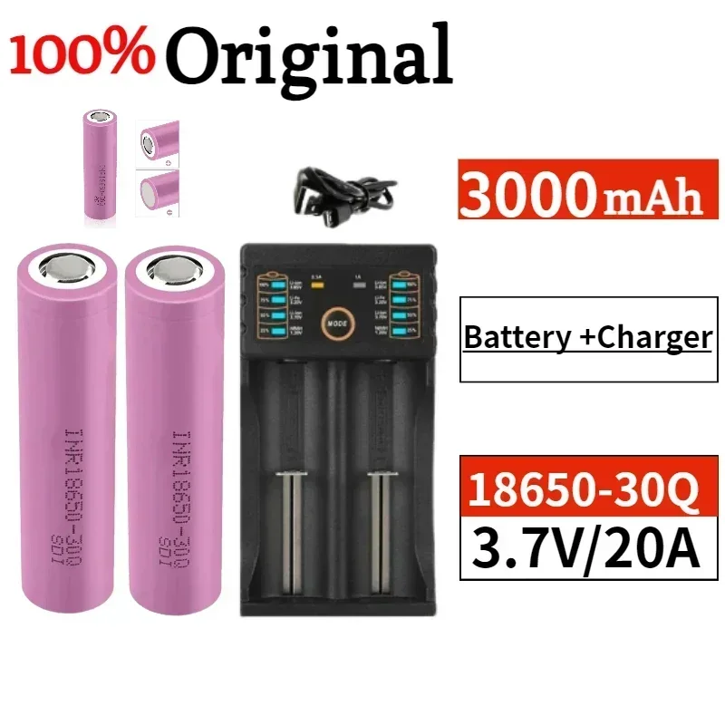 

100% original 18650 battery 3.7V 3000mAh INR18650 30Q lithium-ion rechargeable battery high-power discharge 20A current+charger