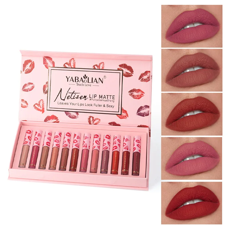 12Pcs/lot Matte Velvet Liquid Lipstick Nude Waterproof  Longlasting Lip Gloss Women Lips Makeup Wholesale