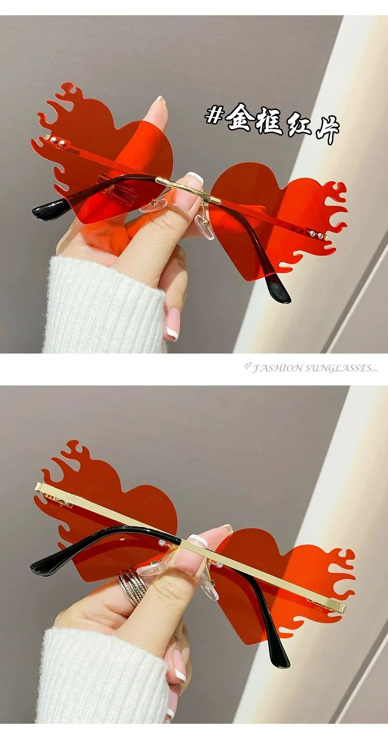Neue Randlose Herz-Sonnenbrille mit Metallrahmen für Damen und Herren, Flammen-Sonnenbrillen für Frauen und Männer, Party- und Reisebrillen – Detail 10