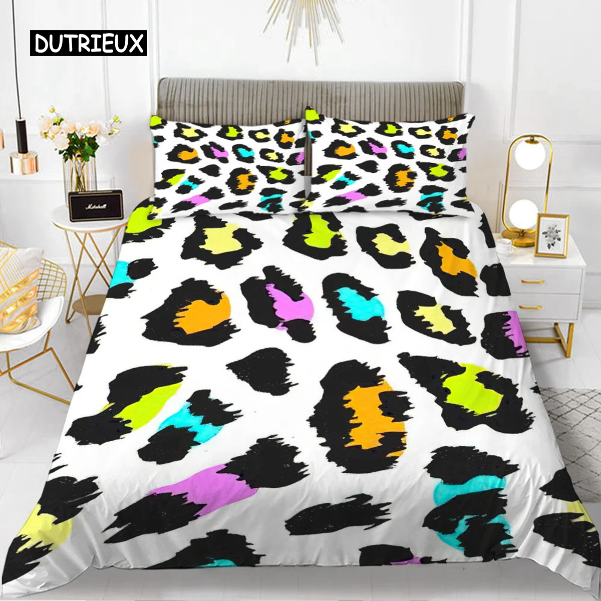 

Leopard Print Duvet Cover Set Queen Size Girl Colorful Cheetah Print Bedding Set Polyester Wild Animal Theme Comforter Cover Set