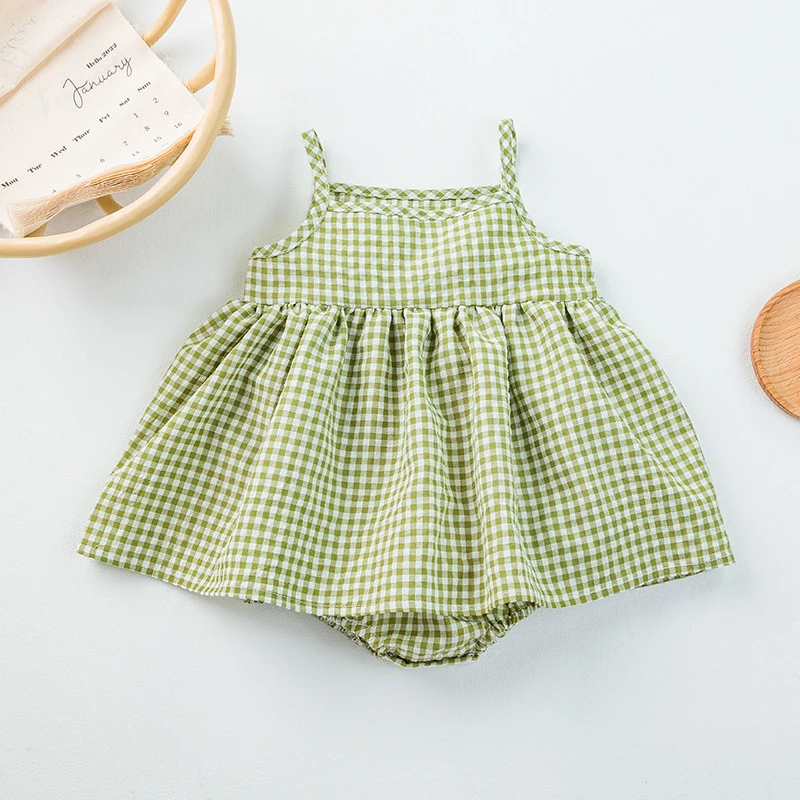 New Korean Baby Girl Sling Bag Fanny Dress Summer Thin Plaid Baby Onesie Casual Sweet Dress Children Knee-Length Skirt For 0-1Y