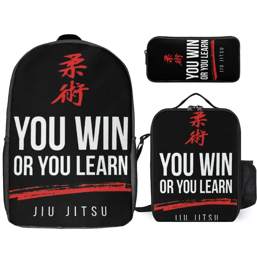 You Win Or You Learn Jiu Jitsu Jiu pasta de dientes duradera y acogedora, juego 3 en 1, mochila de 17 pulgadas, bolsa de almuerzo, bolsa para bolígrafos, escuelas, gráfico informal